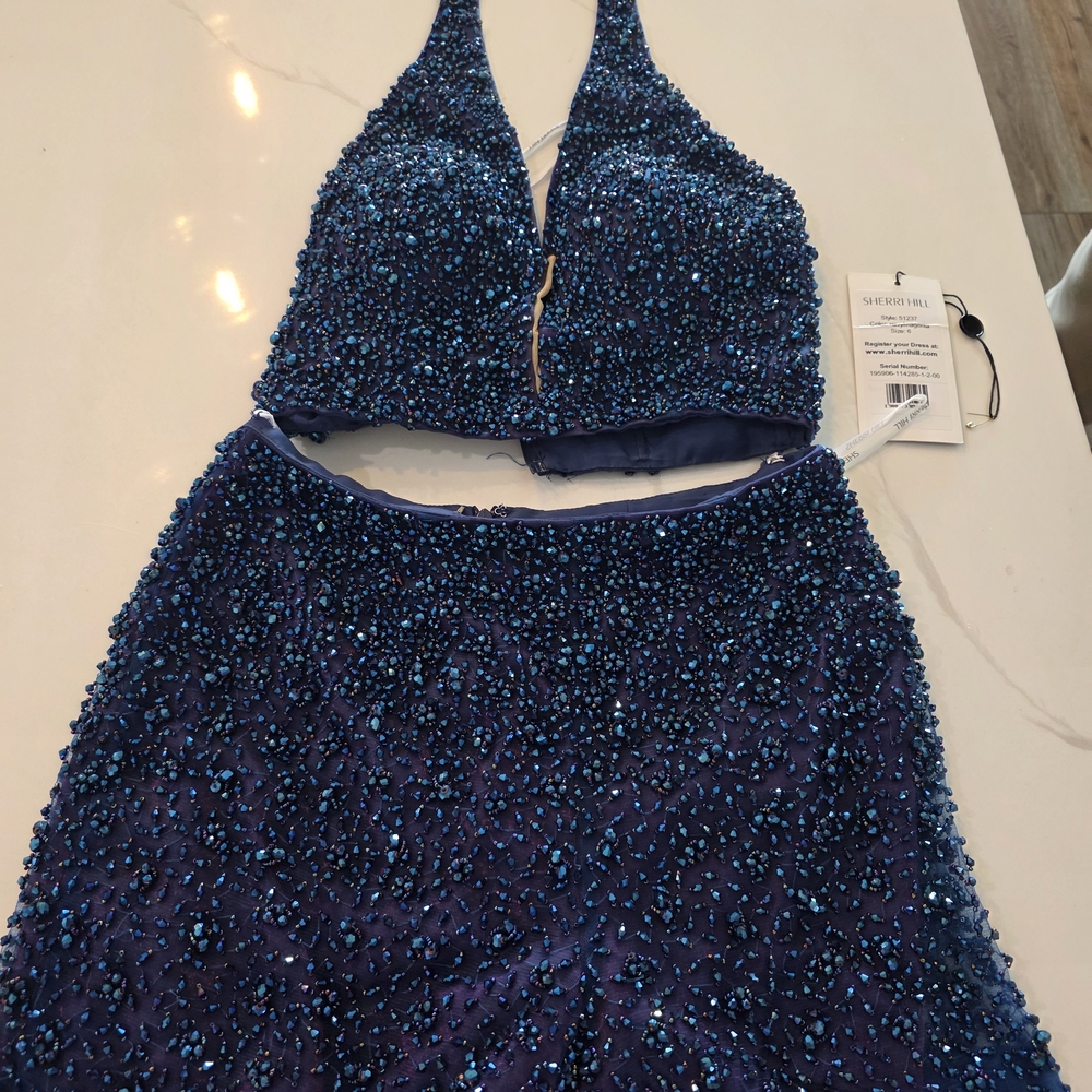 Blue Beaded Three-Piece Sherri Hill short set with Overskirt.  Size 6